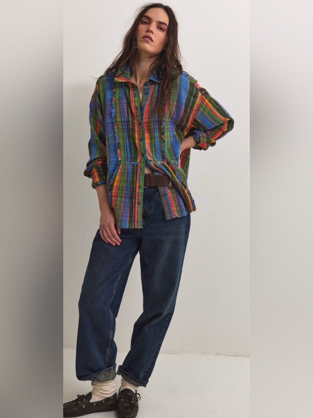 NWT Free People S We the Free Madras Top Blue Combo Button Down Cotton Oversized - Picture 1 of 7
